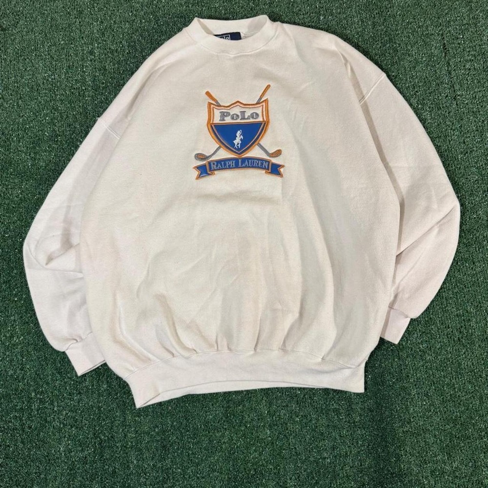 Polo Ralph Lauren Hockey Crest Sweatshirt Cream Mens XL Vintage Made in USA